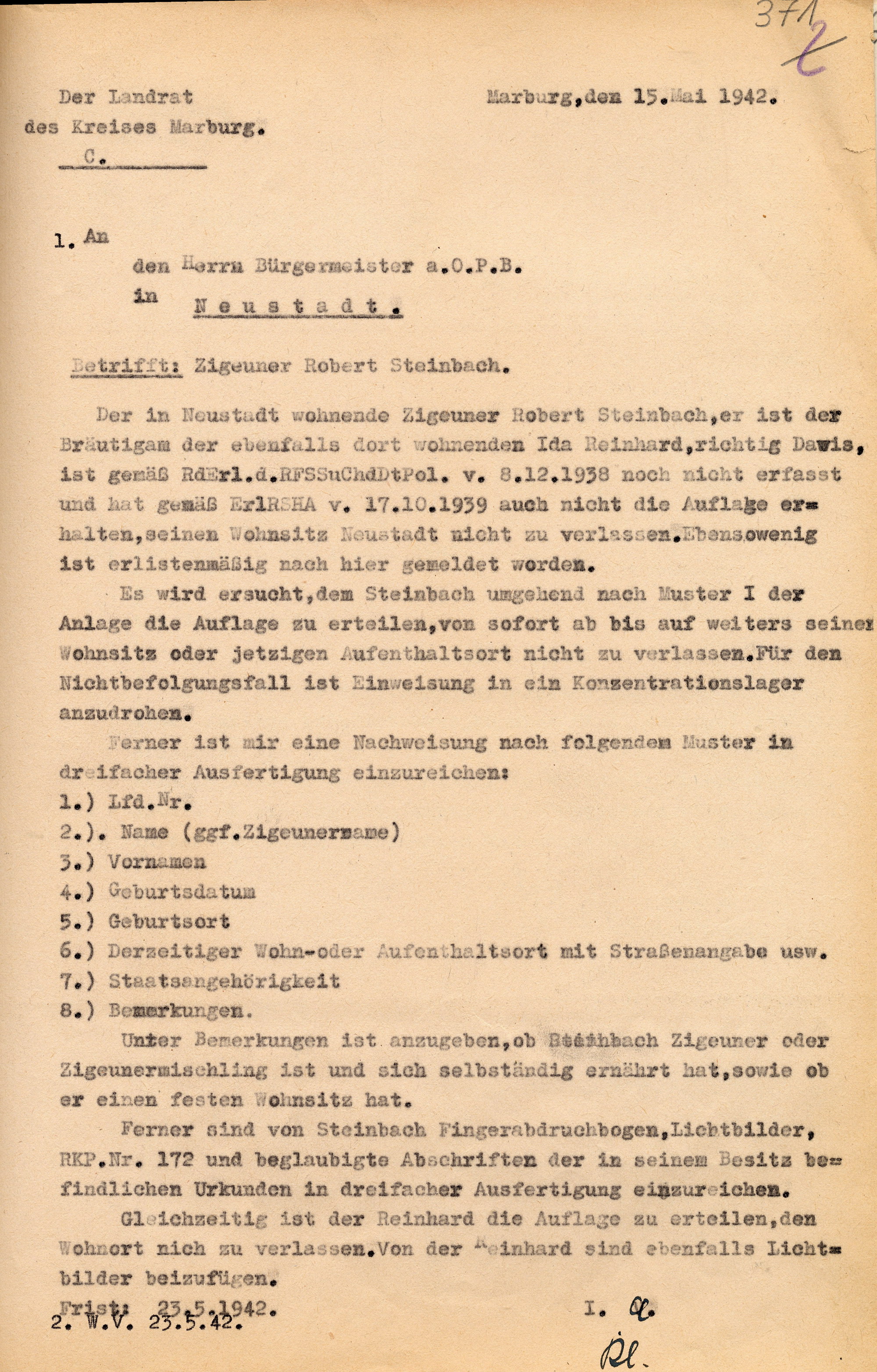 Verfügung des Landrats in Marburg an den Bürgermeister in Neustadt zur nachträglichen Erfassung eines Sintos, 15. Mai  1942