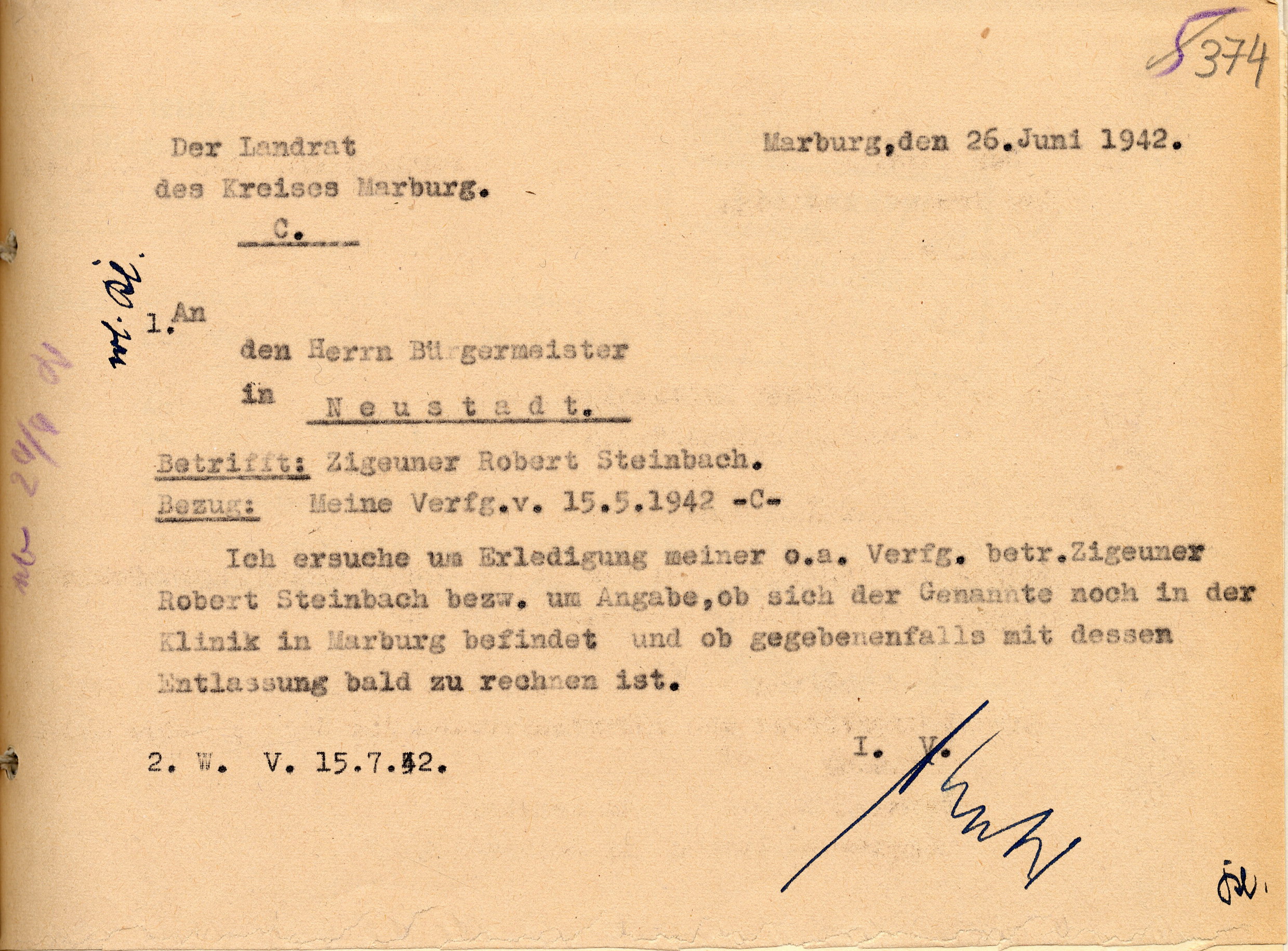 Briefwechsel zwischen dem Bürgermeister von Neustadt und dem Landrat von Marburg über die verzörgerte Durchführung der Erfassung eines Sintos, 21. Mai bis 30. Juni 1942