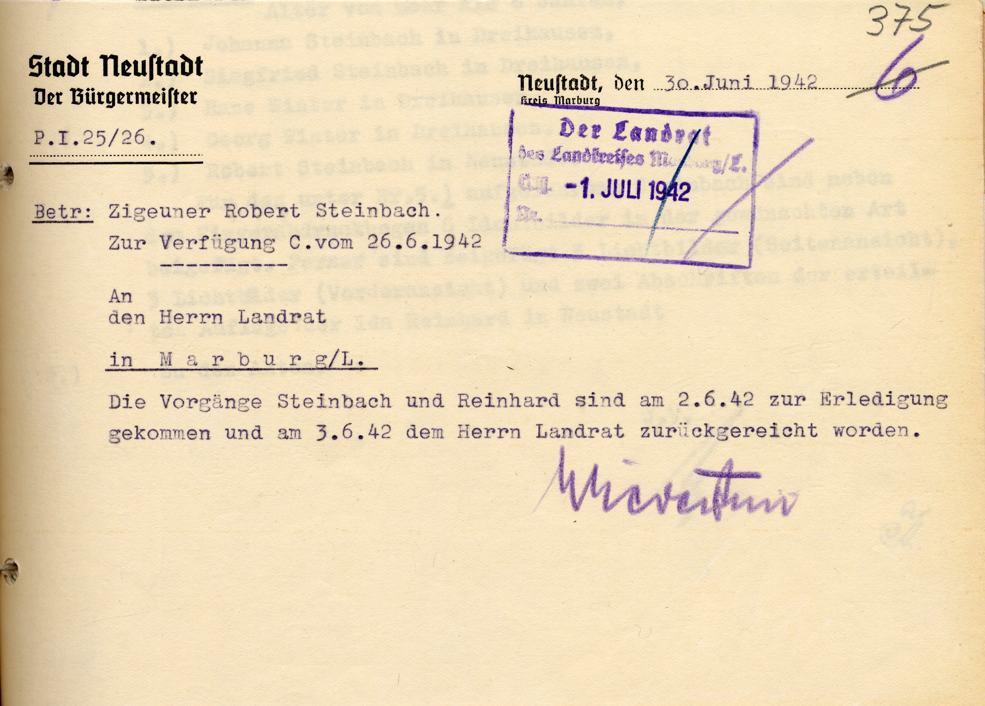 Briefwechsel zwischen dem Bürgermeister von Neustadt und dem Landrat von Marburg über die verzörgerte Durchführung der Erfassung eines Sintos, 21. Mai bis 30. Juni 1942