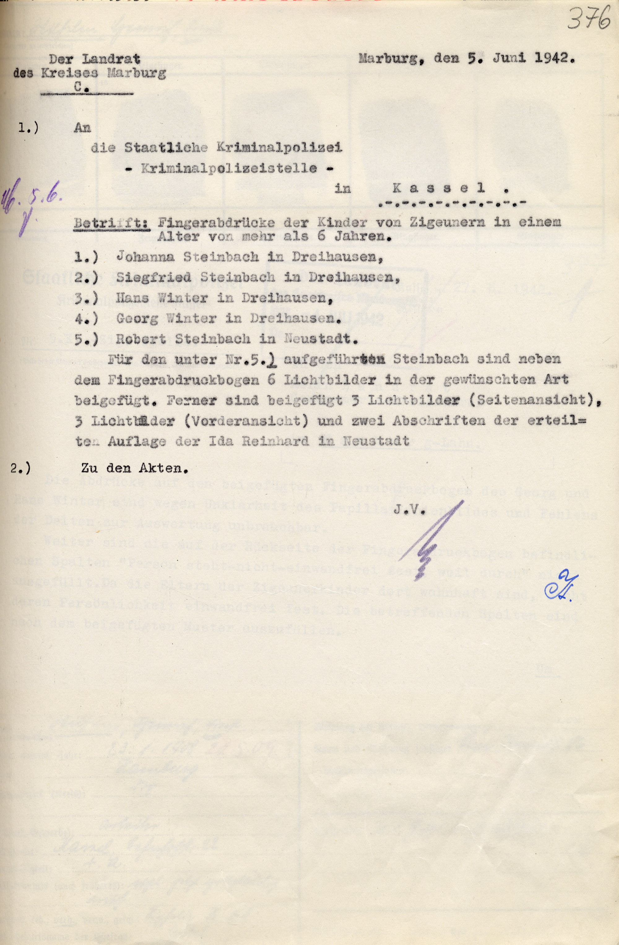 Anschreiben des Landrats in Marburg an die Kriminalpolizeistelle in Kasse zur Übersendung von Fingerabdruckbögen, 5. Juni 1942