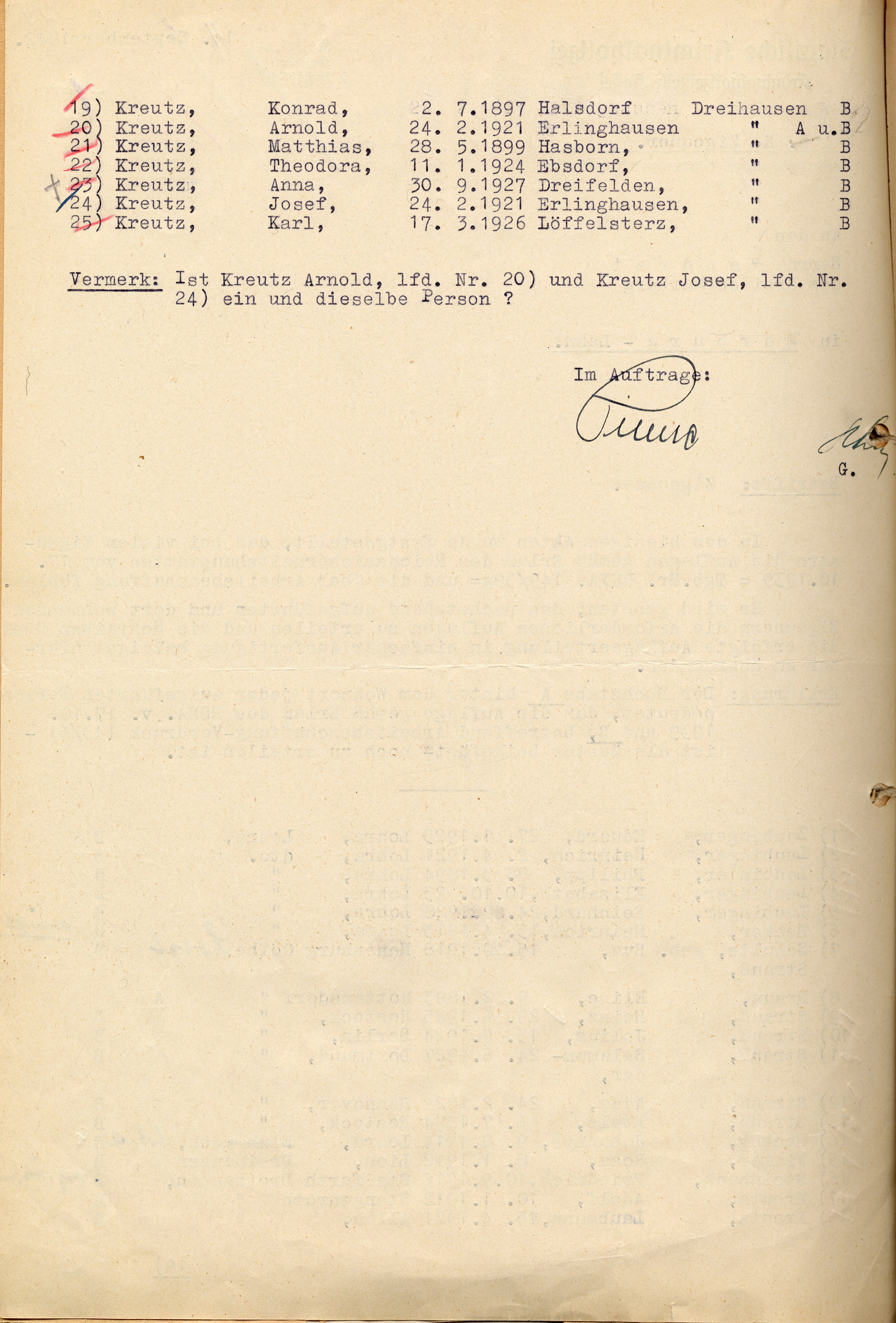 Schreiben der Kriminalpolizeistelle Kassel an den Landrat in Marburg zur Überprüfung von festgeschriebenen Sinti, 1942