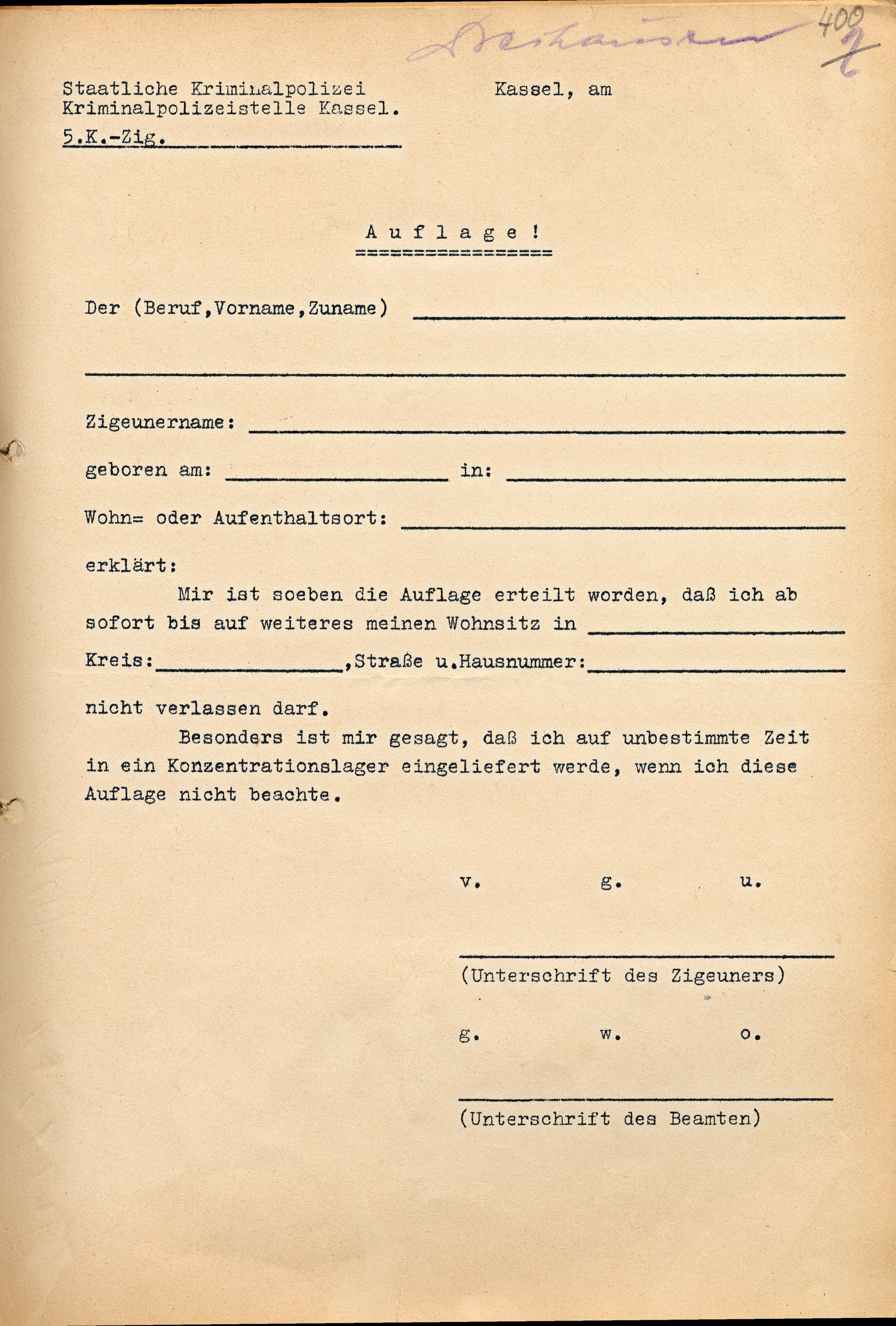 Formblatt der Kriminalpolizeistelle Kassel mit der Auflage, den Ort nicht mehr ohne Genehmigung zu verlassen, 1942