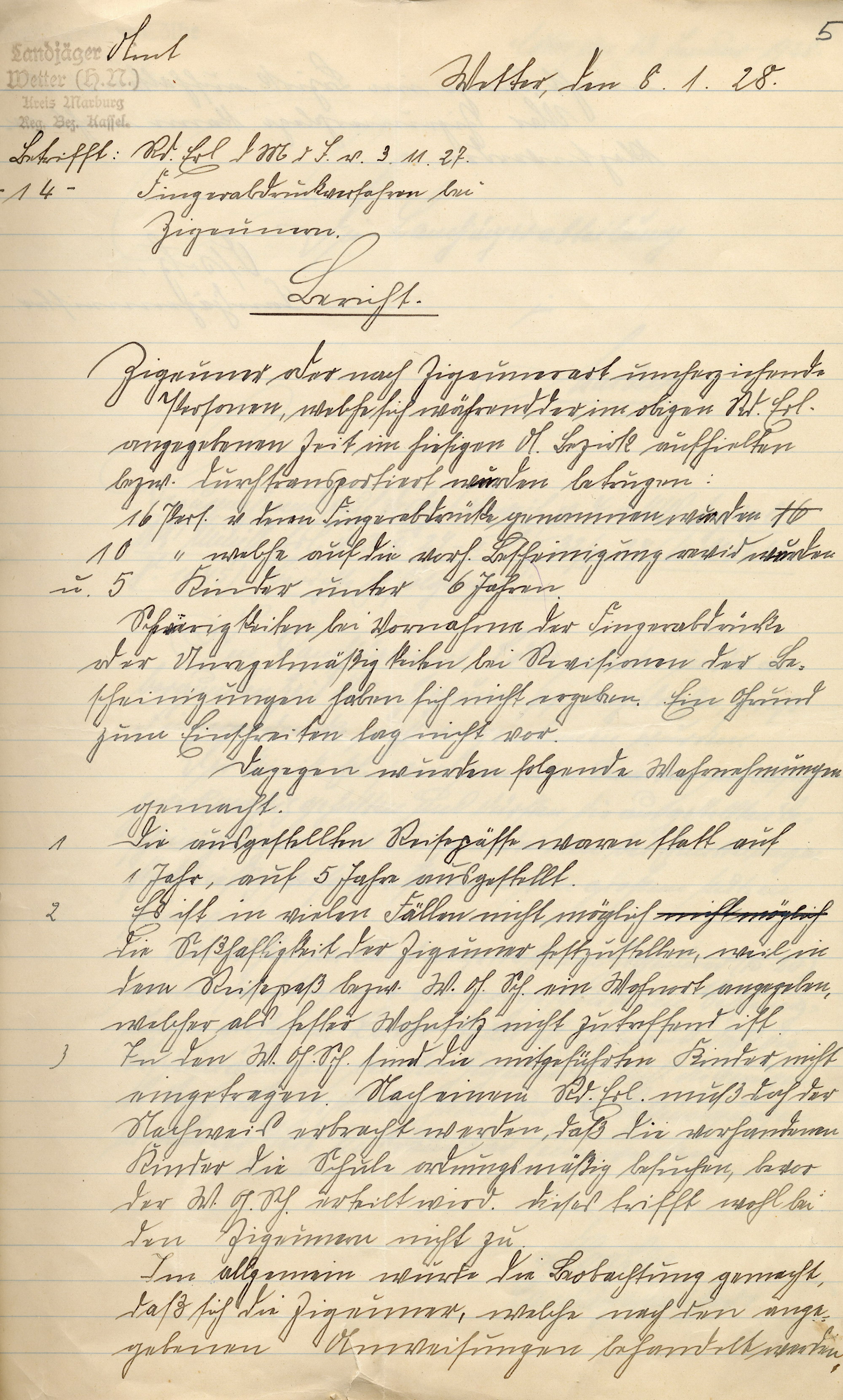 Bericht des Landjägeramtes Wetter an den Landrat in Marburg über die Wahrnehmungen bei der Fingerabdrucknahme bei Sinti und Roma, 8. Januar 1928