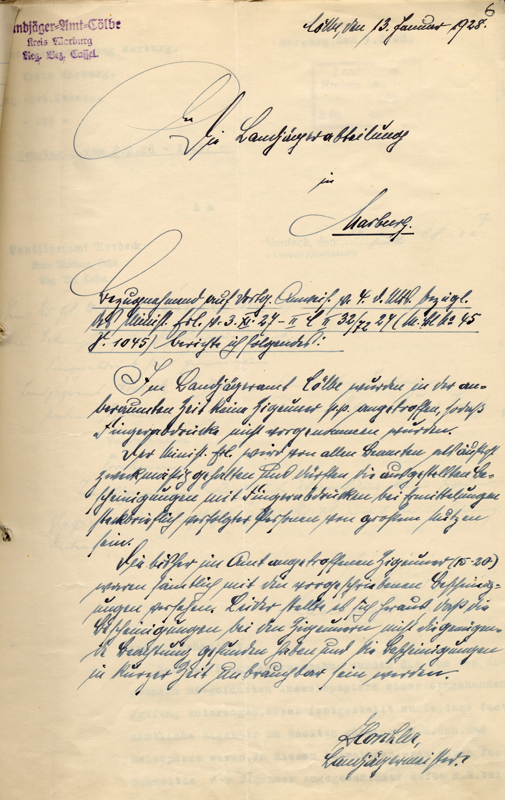 Bericht des Landjägeramtes Cölbe an den Landrat in Marburg über die Wahrnehmungen bei der Fingerabdrucknahme bei Sinti und Roma, 13. Januar 1928