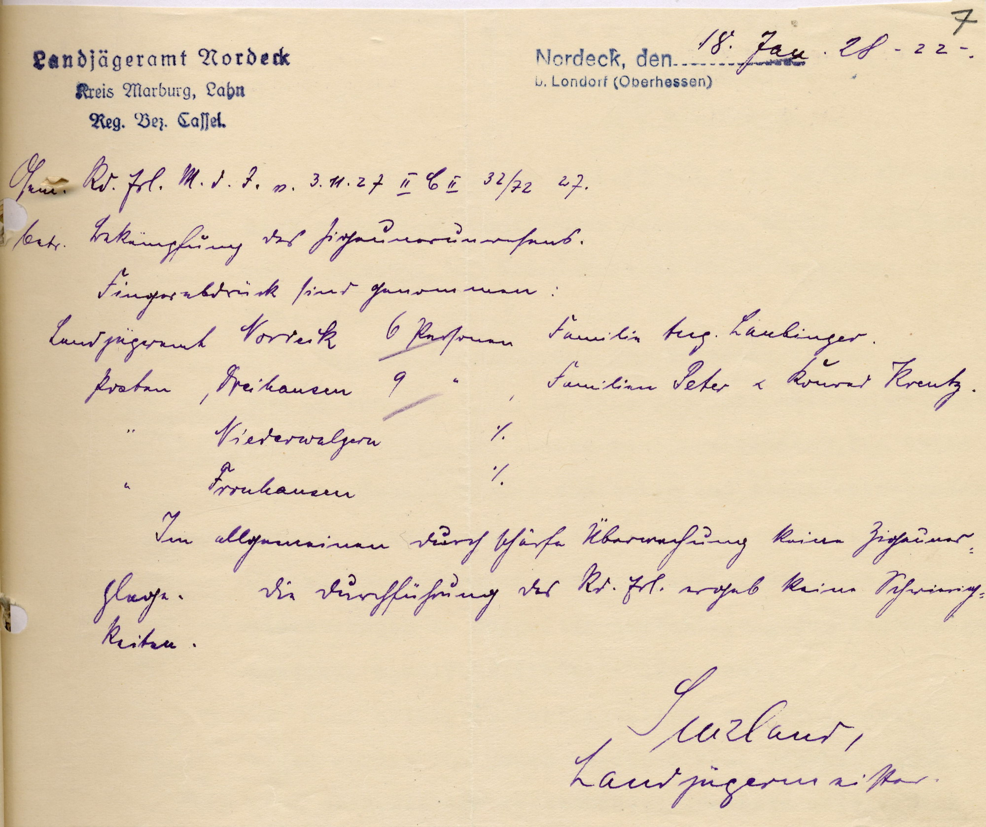 Bericht des Landjägeramtes Nordeck an den Landrat in Marburg über die Wahrnehmungen bei der Fingerabdrucknahme bei Sinti und Roma, 18. Januar 1928