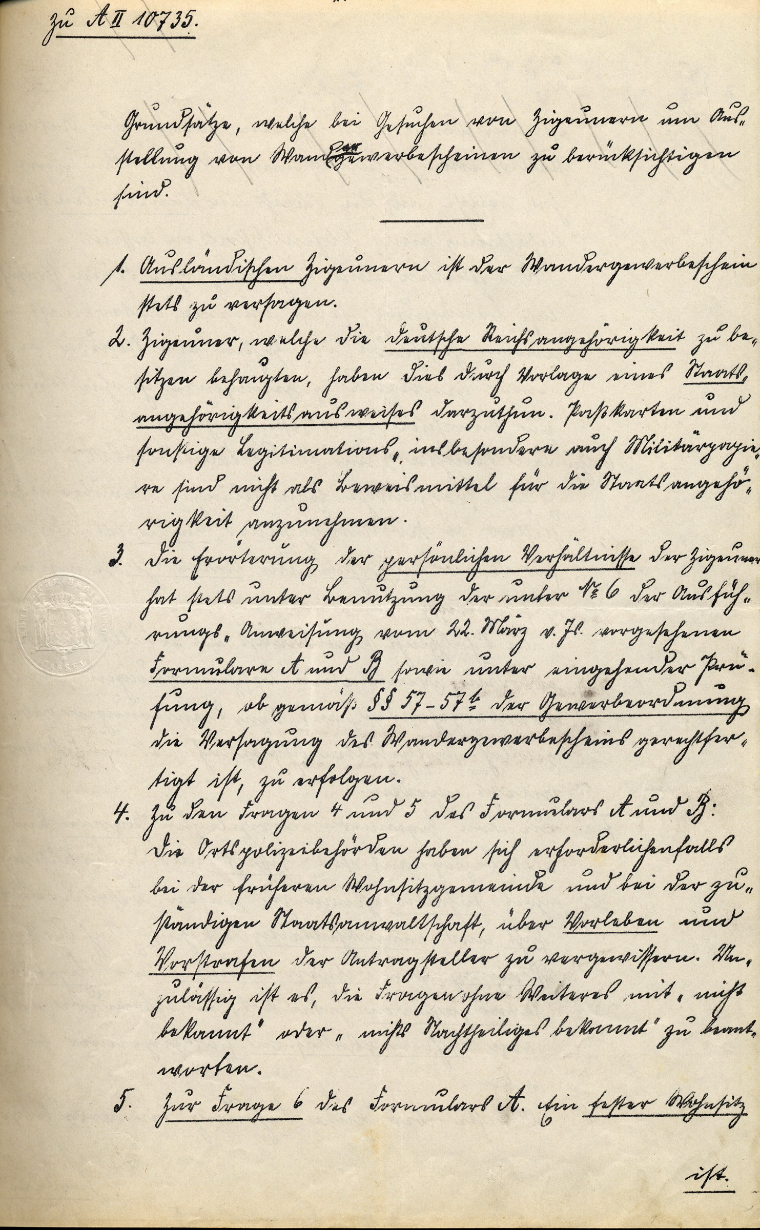 Anlage zur Rundverfügung des Regierungspräsidenten von Kassel mit Grundsätzen zur Erteilung von Wandergewerbescheinen für Sinti und Roma, 26. Oktober 1900