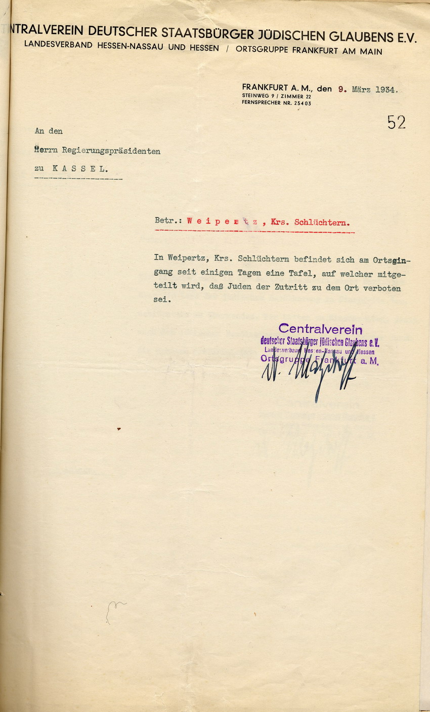 Eingabe des Centralvereins deutscher Staatsbürger jüdischen Glaubens über die Diskriminierung jüdischer Mitbürger in Weipertz, Frankfurt a.M., den 9. März 1934.