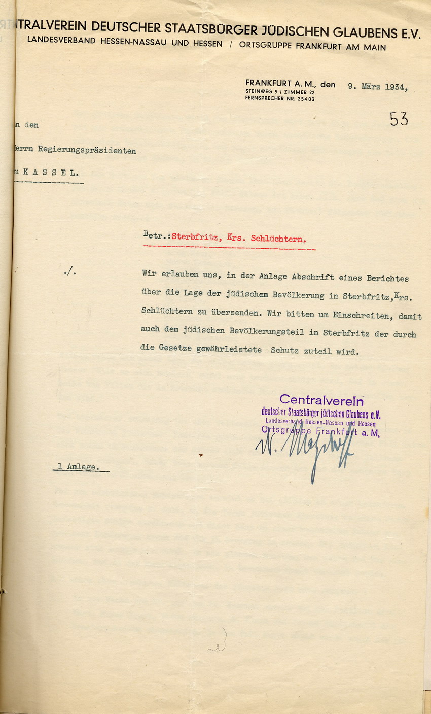 Eingabe des Centralvereins deutscher Staatsbürger jüdischen Glaubens über die Diskriminierung jüdischer Mitbürger in Sterbfritz, Frankfurt a.M., den 9. März 1934.