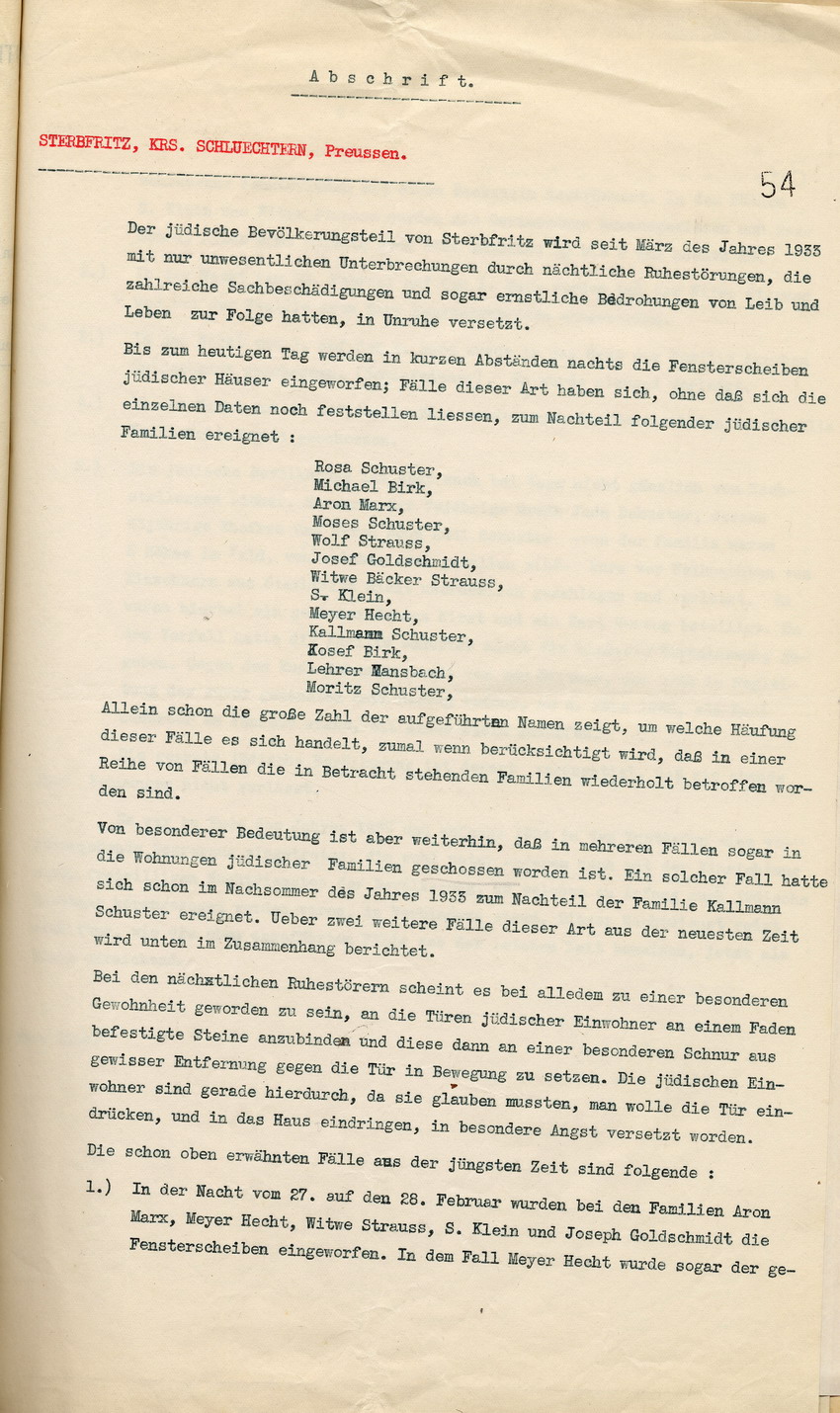 Eingabe des Centralvereins deutscher Staatsbürger jüdischen Glaubens über die Diskriminierung jüdischer Mitbürger in Sterbfritz, Frankfurt a.M., den 9. März 1934.
