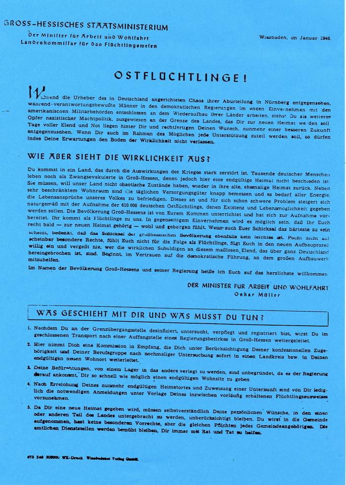 Flugblatt: des Ministeriums für Arbeit und Wohlfahrt, Landeskommissar für das Flüchtlingswesen : Ostflüchtlinge!