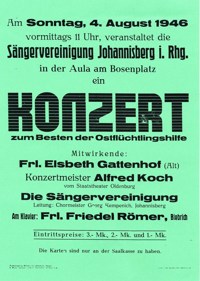 Anschlag: "Konzert zum Besten der Ostflüchtlinge" am 4. 8. 1946 auf dem Johannisberg