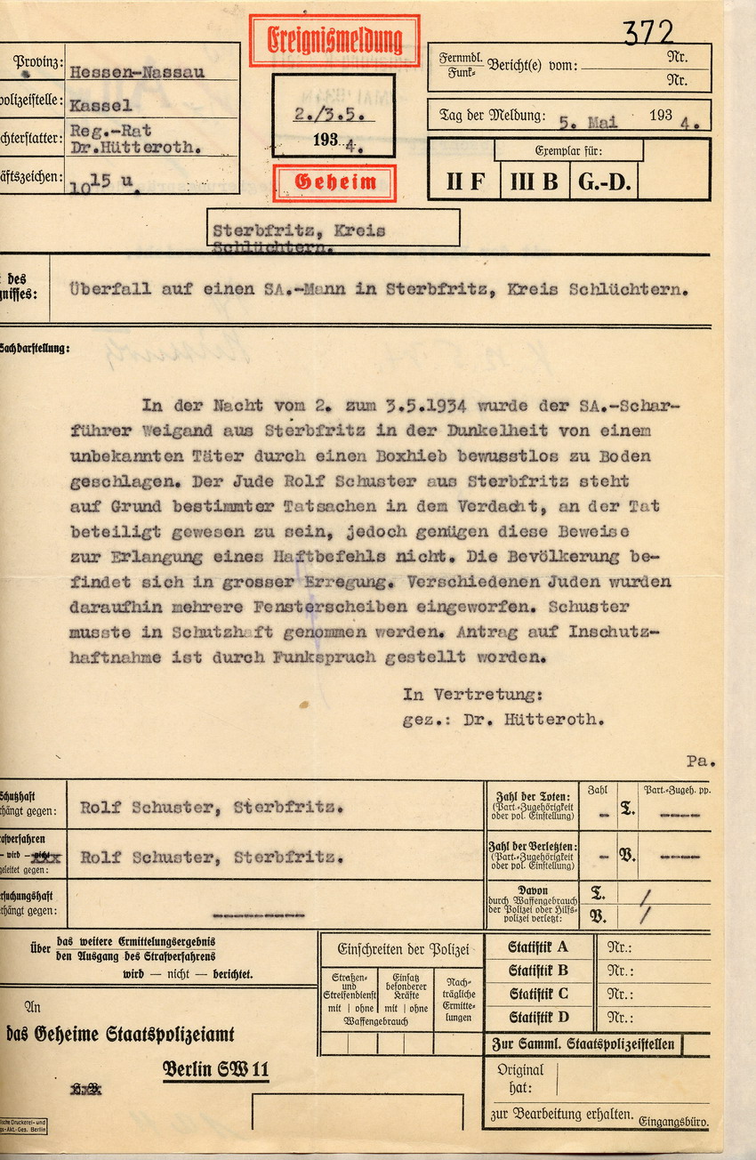 Ereignismeldung des Regierungsrates zu einem Überfall auf einen SA-Mann in Sterbfritz und darauf folgende Unruhen gegen jüdische Mitbürger, Kassel, den 5. Mai 1934.
