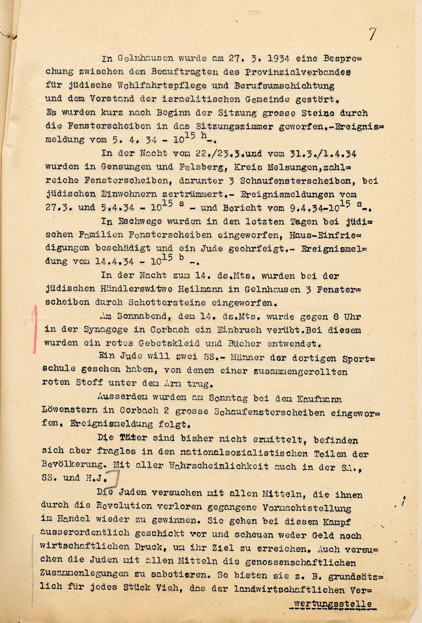 Bericht des Polizeipräsidenten von Übergriffen auf jüdische Bürger, die Entwicklung der Situation der jüdischen Bevölkerung, sowie mögliche Gründe für die zunehmenden Übergriffe mit dem Hinweis auf eine strengere Bestrafung, Kassel, den 16. April 1935.