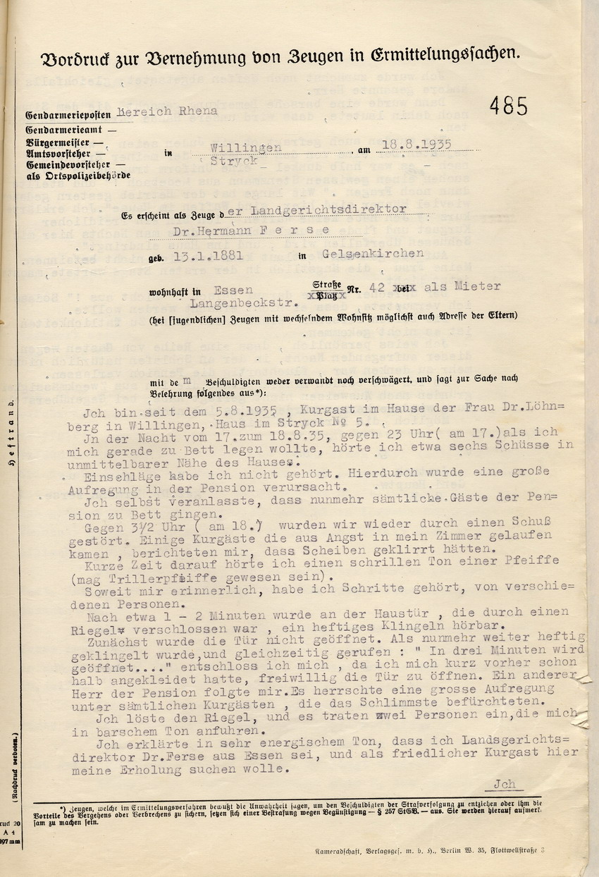 Protokoll der Vernehmung des jüdischen Landgerichtsdirektors Dr. Hermann Ferse zu der Ruhestörung und Sachbeschädigung in der jüdischen Pension Löhnberg in Stryck am 17./ 18. August 1935, Willingen, den 18. August 1935.