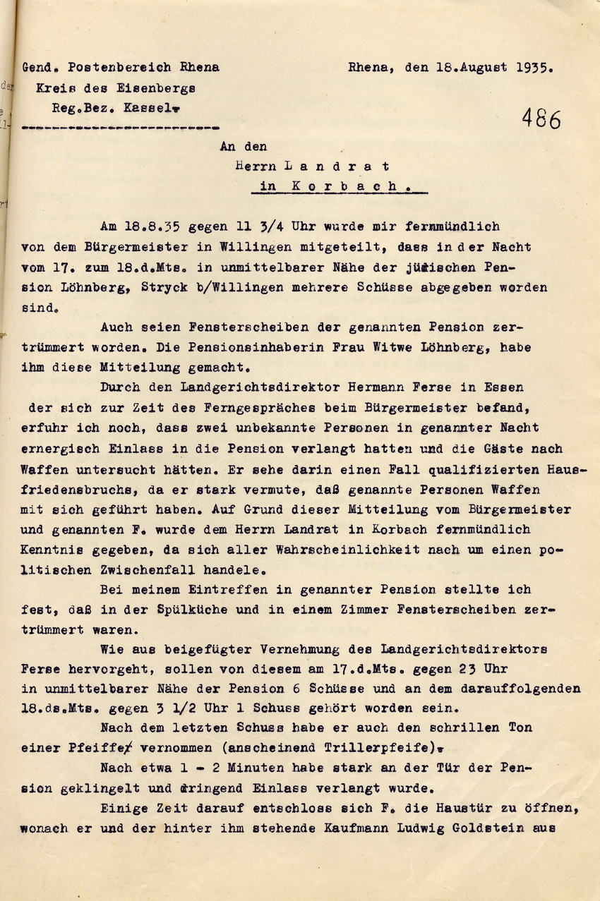 Meldung der Gendarmerie an den Landrat zu der Ruhestörung und Sachbeschädigung in der jüdischen Pension Löhnberg in Stryck am 17./ 18. August 1935, Rhena, den 18. August 1935.
