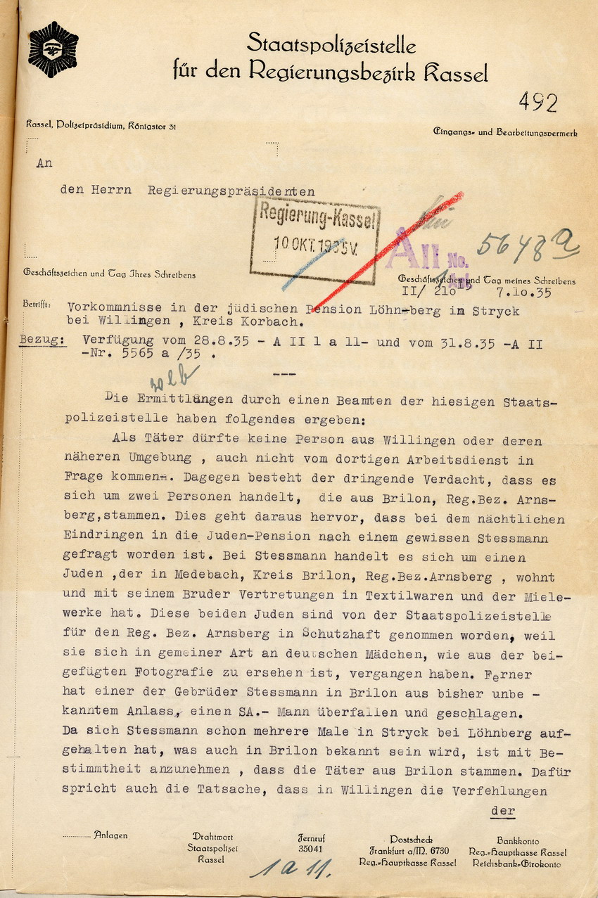 Schreiben des Polizeipräsidenten zu der Ruhestörung und Sachbeschädigung in der jüdischen Pension Löhnberg in Stryck am 17./ 18. August 1935 mit ersten Ermittlungsergebnissen, Kassel, den 7. Oktober 1935.