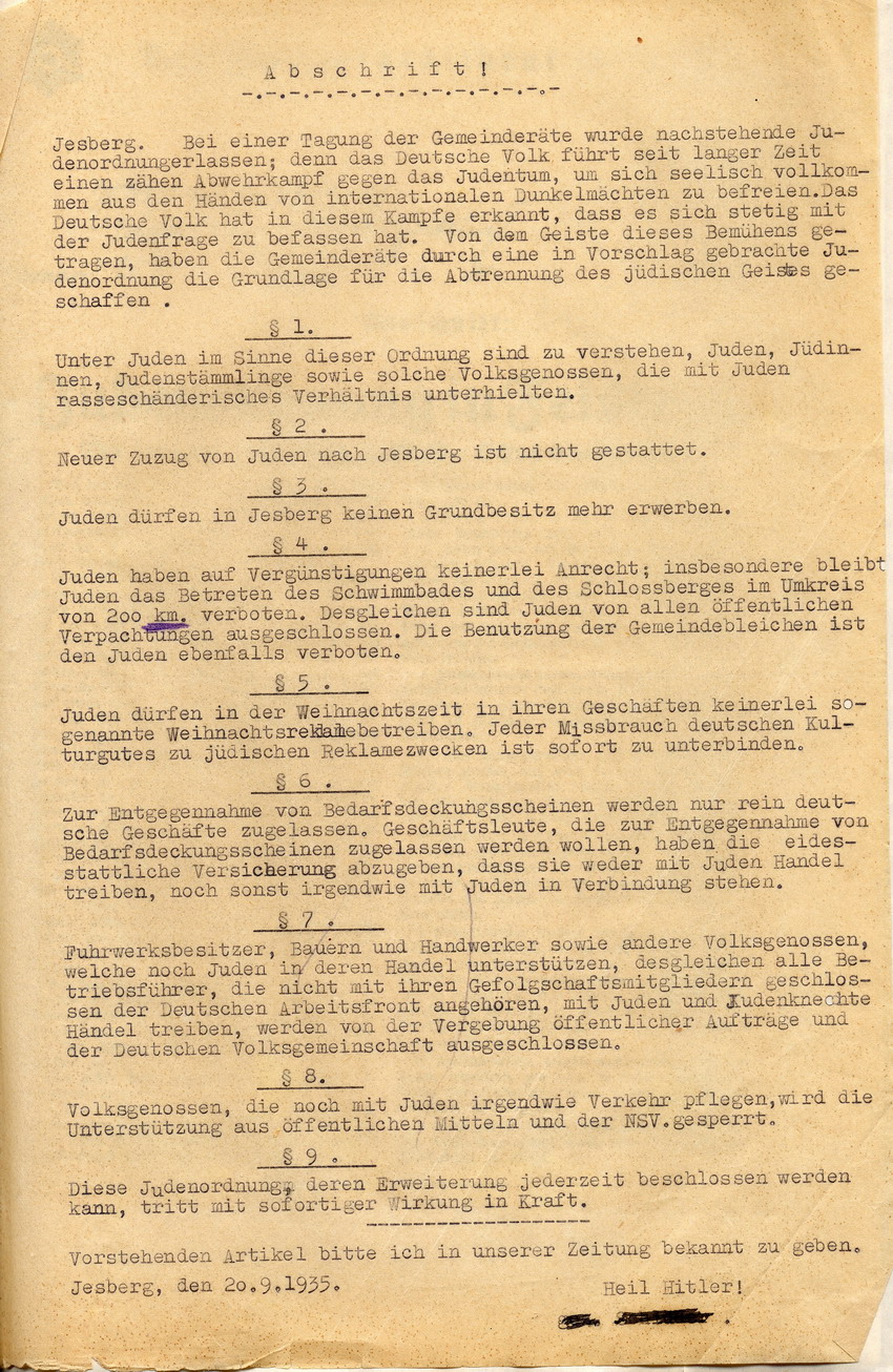 "Judenordnung" der Stadt Jesberg, Jesberg, den 20. September 1935.
