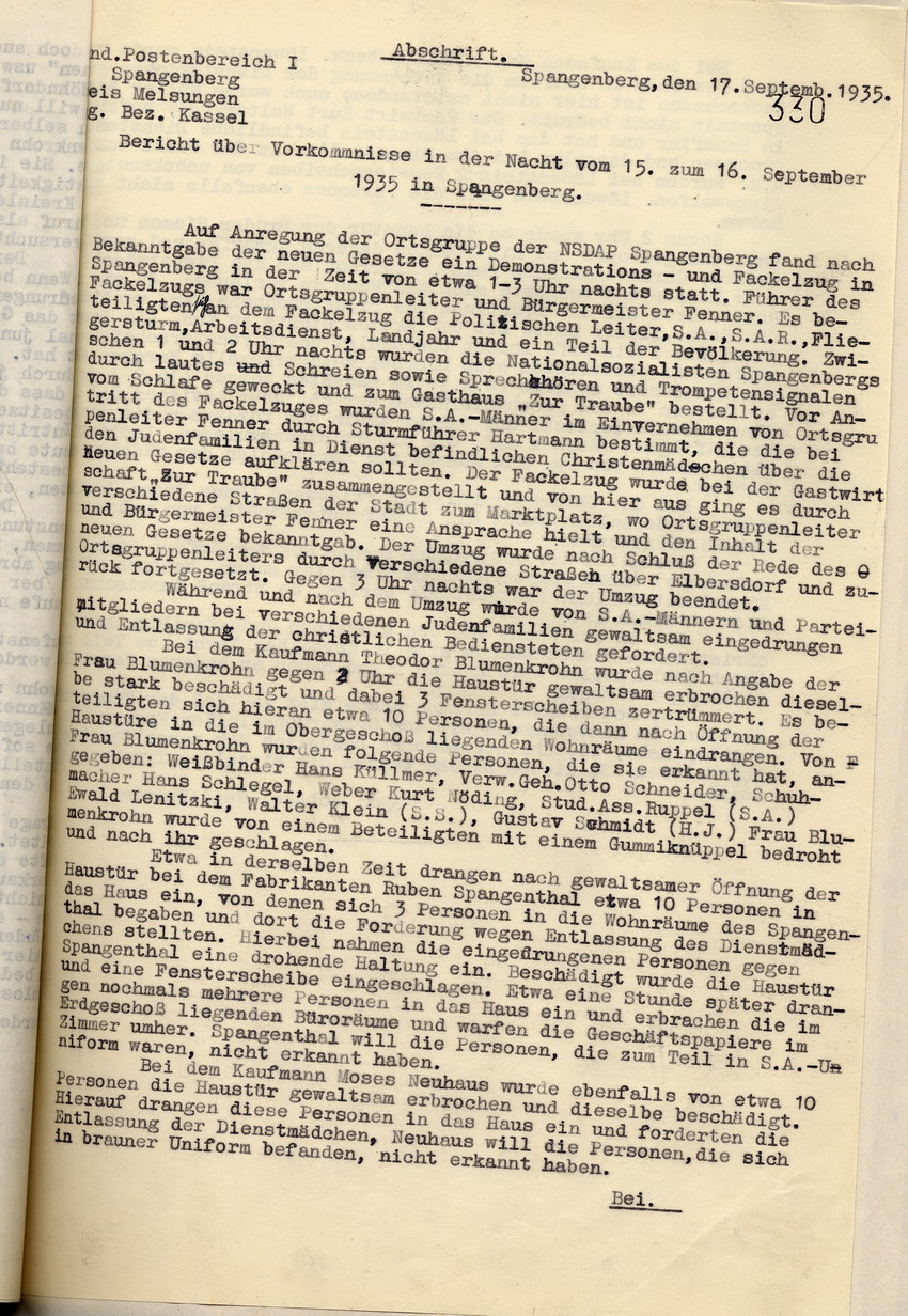 Bericht des Gendarmerie Polizeihauptwachtmeisters Schade über die Ausschreitungen gegen jüdische Mitbürger in Spangenberg in der Nacht vom 15. auf den 16. September 1935, Spangenberg, den 17. September 1935.