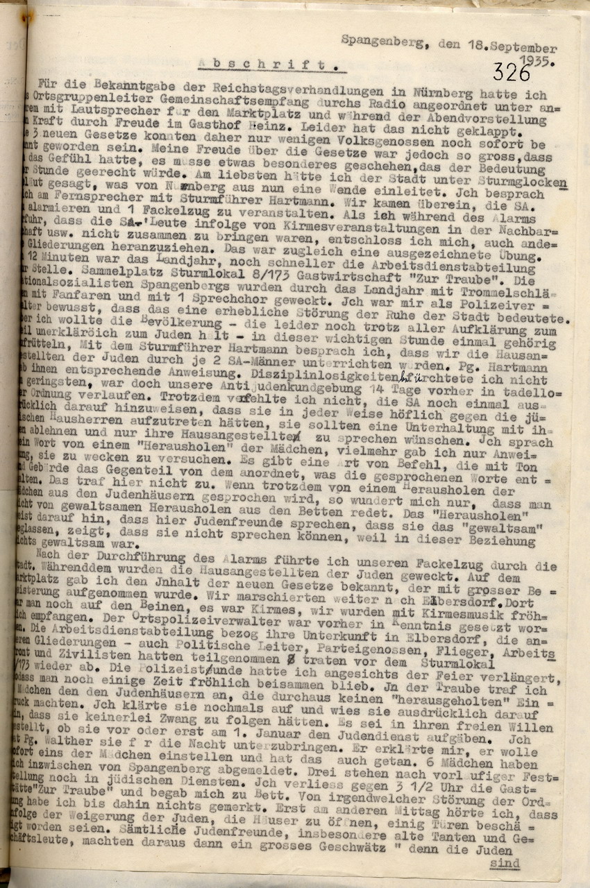 Bericht des Ortsgruppenleiters und Bürgermeisters Fenner über die Ausschreitungen gegen jüdische Mitbürger in Spangenberg in der Nacht vom 15. auf den 16. September 1935, Spangenberg, den 18. September 1935.