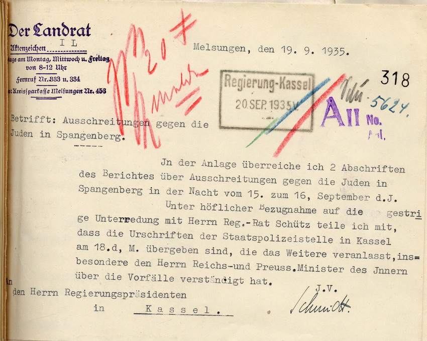 Bericht des Regierungsrates Schütz über die Ausschreitungen gegen jüdische Mitbürger in Spangenberg in der Nacht vom 15. auf den 16. September 1935, Spangenberg, den 21. September 1935.