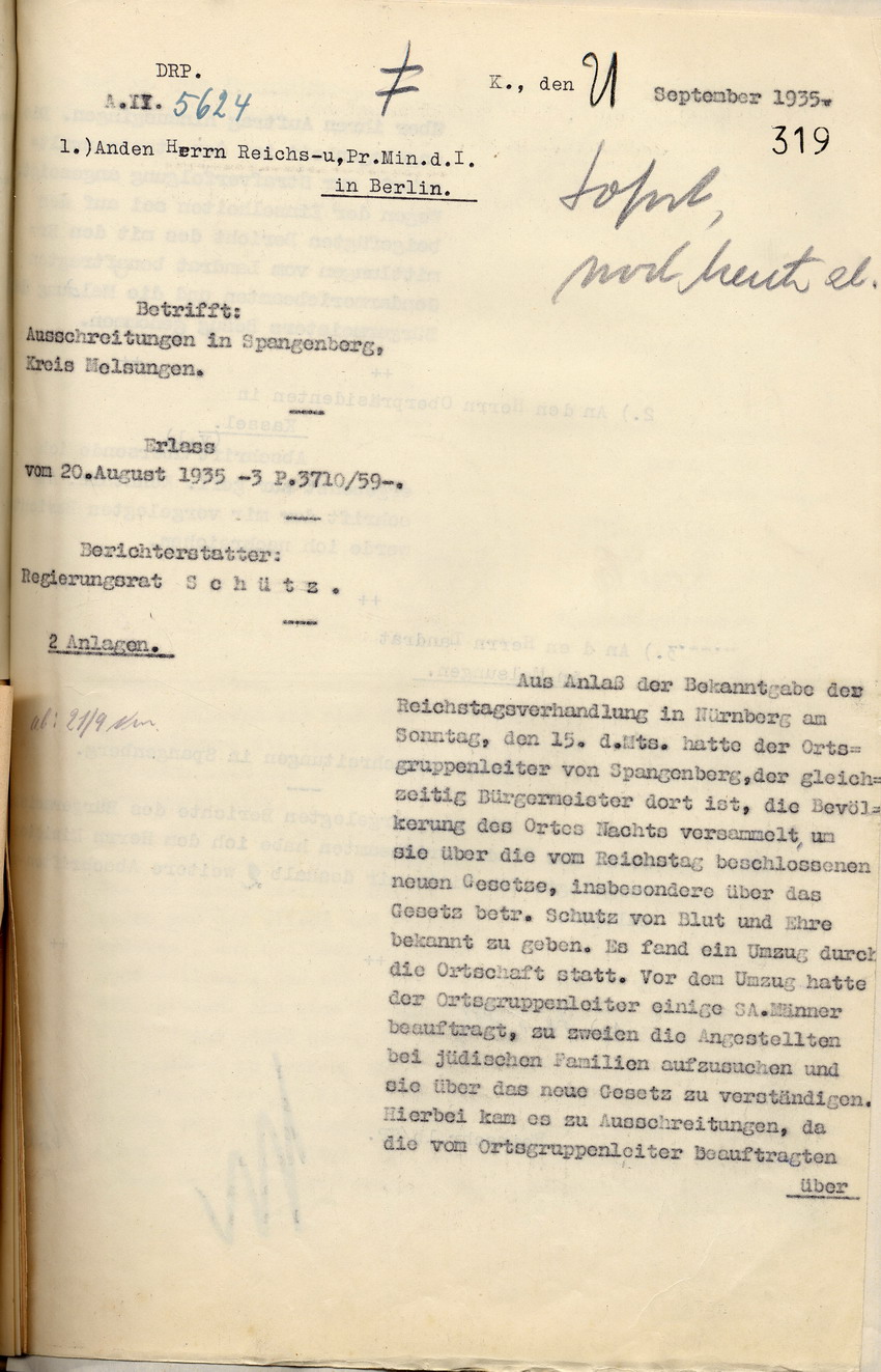 Bericht des Regierungsrates Schütz über die Ausschreitungen gegen jüdische Mitbürger in Spangenberg in der Nacht vom 15. auf den 16. September 1935, Spangenberg, den 21. September 1935.