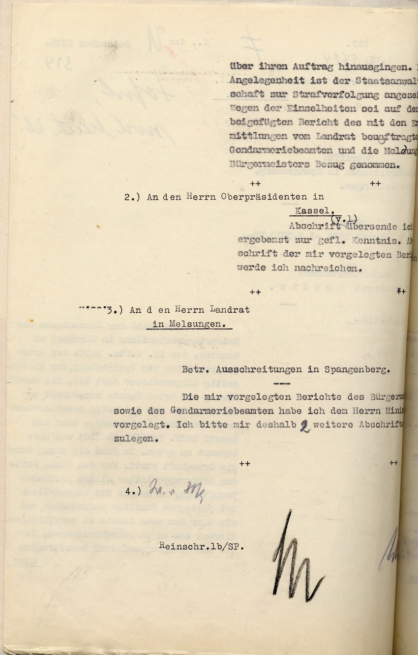 Bericht des Regierungsrates Schütz über die Ausschreitungen gegen jüdische Mitbürger in Spangenberg in der Nacht vom 15. auf den 16. September 1935, Spangenberg, den 21. September 1935.