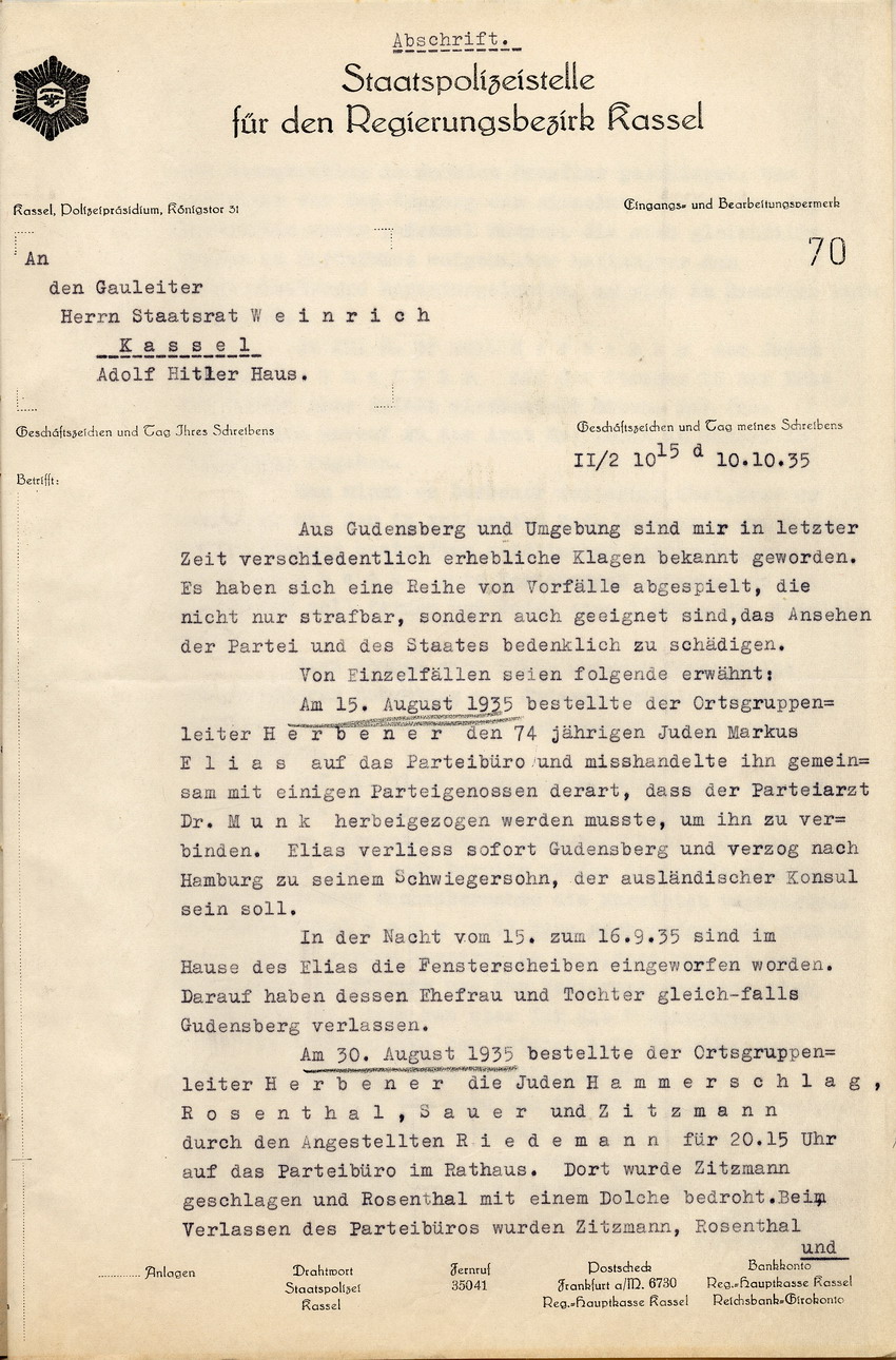 Beschwerde der Staatspolizeistelle Kassel über zunehmende Misshandlungen von jüdischen Mitbürgern in Gudensberg durch den Ortsgruppenleiter Herbener, Kassel, den 10. Oktober 1935.