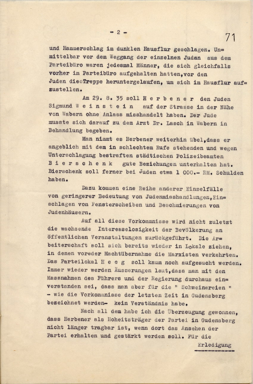 Beschwerde der Staatspolizeistelle Kassel über zunehmende Misshandlungen von jüdischen Mitbürgern in Gudensberg durch den Ortsgruppenleiter Herbener, Kassel, den 10. Oktober 1935.