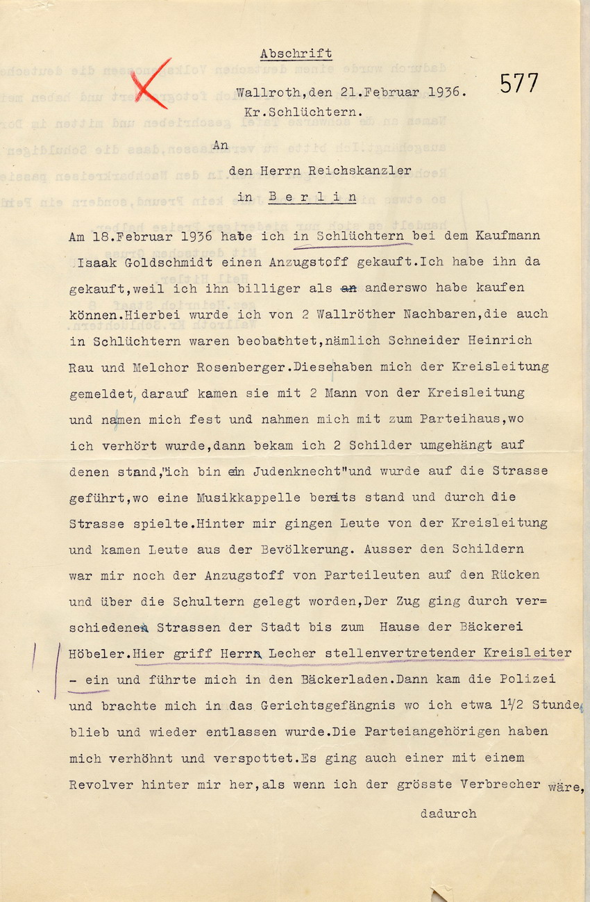 Beschwerde Heinrich Staafs beim Reichskanzler in Berlin wegen Demütigung und Misshandlungen, nachdem er bei einem jüdischen Händler Stoff gekauft hatte, Wallroth, den 21. Februar 1936.