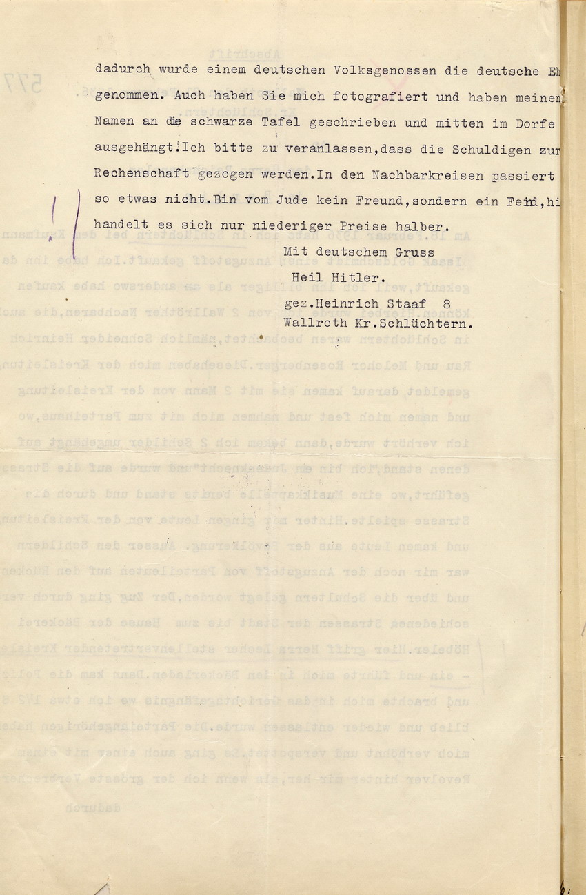 Beschwerde Heinrich Staafs beim Reichskanzler in Berlin wegen Demütigung und Misshandlungen, nachdem er bei einem jüdischen Händler Stoff gekauft hatte, Wallroth, den 21. Februar 1936.