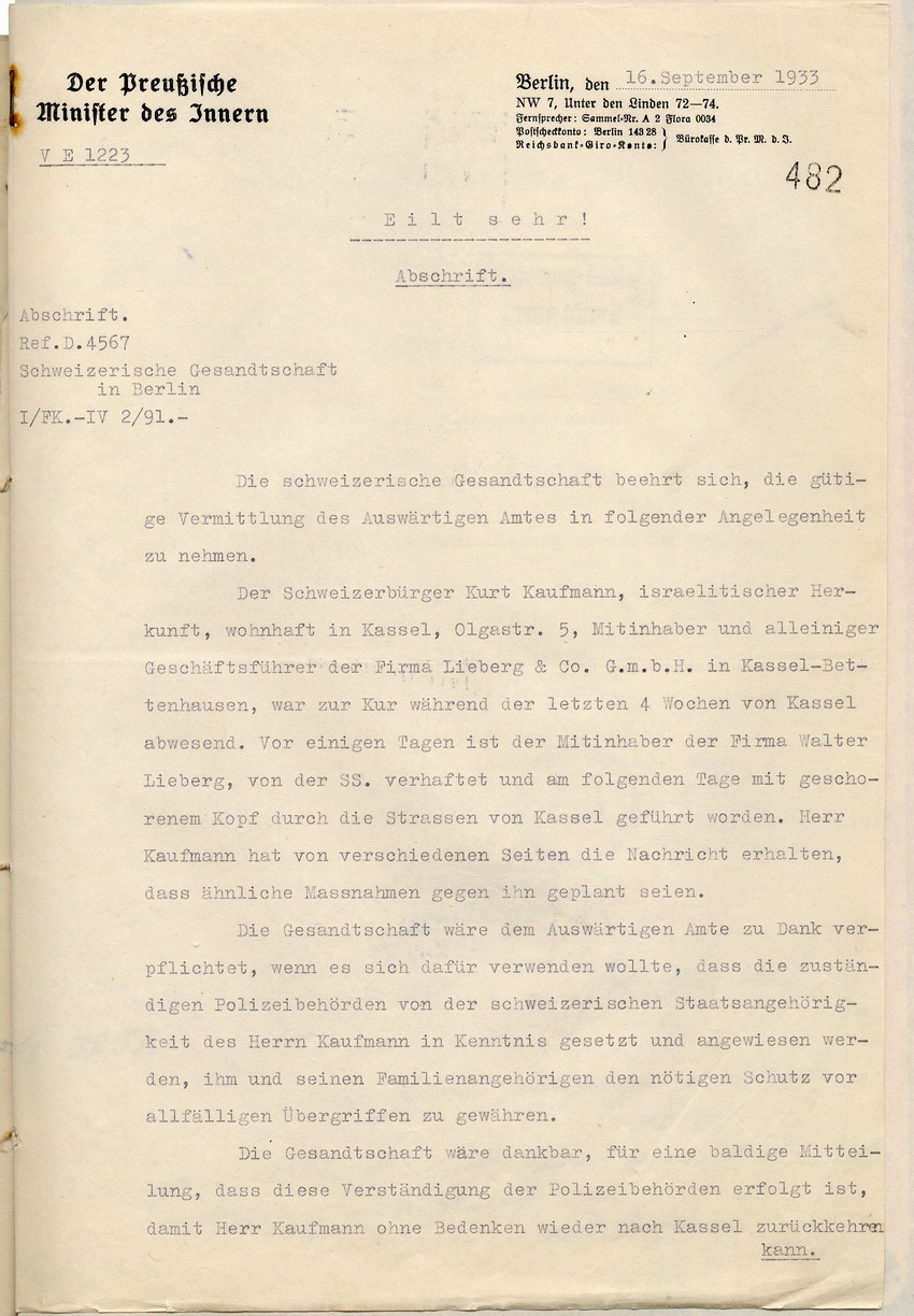 Anfrage der Schweizerischen Gesandtschaft an das Auswärtige Amt für den Schweizer jüdischer Konfession Kurt Kaufmann, Berlin, den 16. September 1933