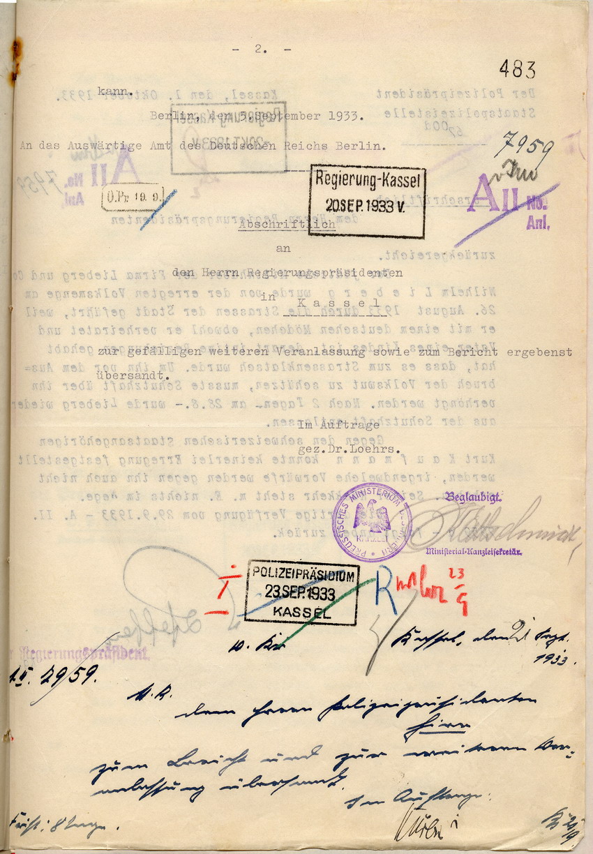 Antwort des Polizeipräsidenten auf die Anfrage der Schweizerischen Gesandtschaft für den Schweizer jüdischer Konfession Kurt Kaufmann, Kassel, den 1. Oktober 1933