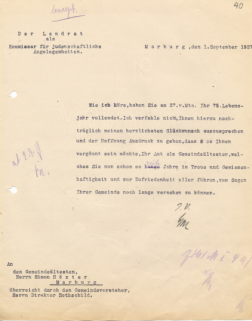Glückwunschschreiben d. Landrates an den Gemeindeältesten der jüdischen Gemeinde, Simon Höxter, zum 75, 01. September 1927