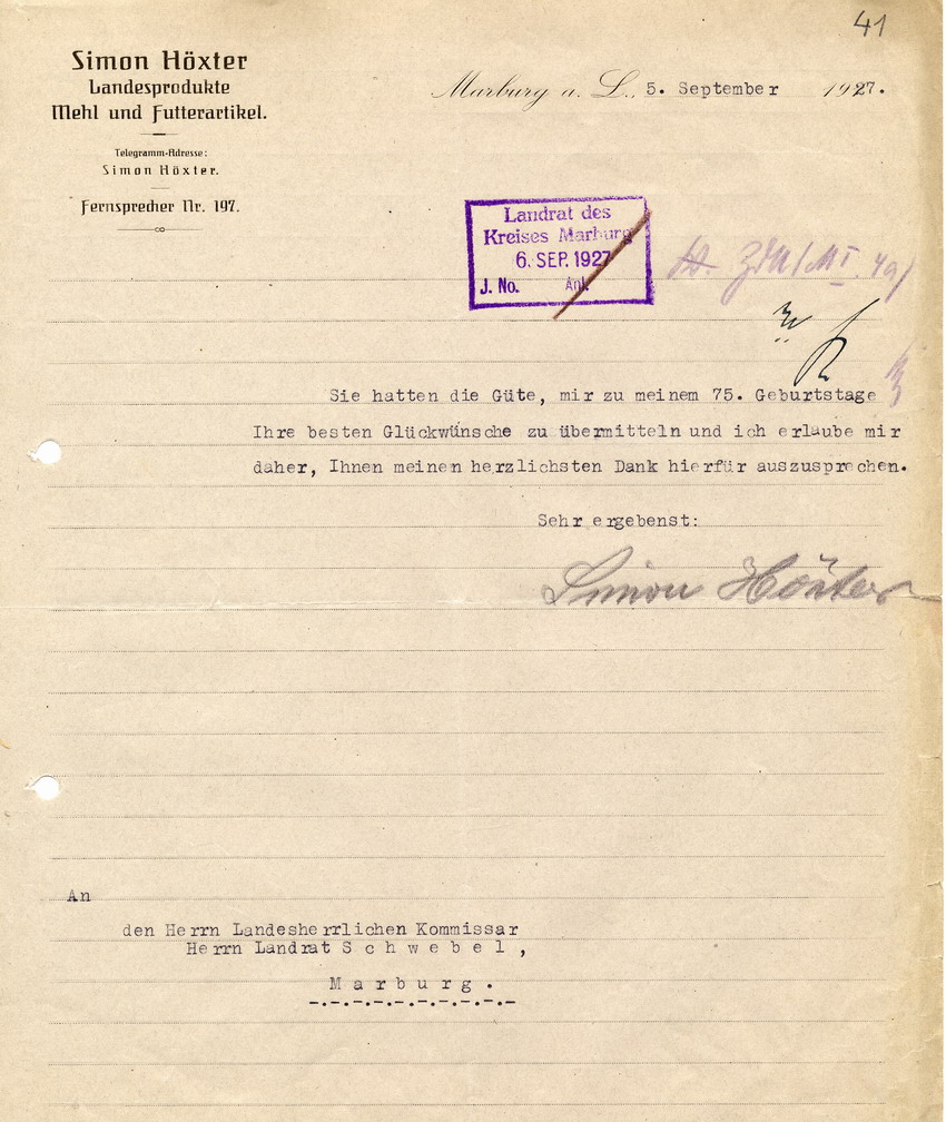 Dankesschreiben des Simon Höxter an den Landrat, 5. September 1927