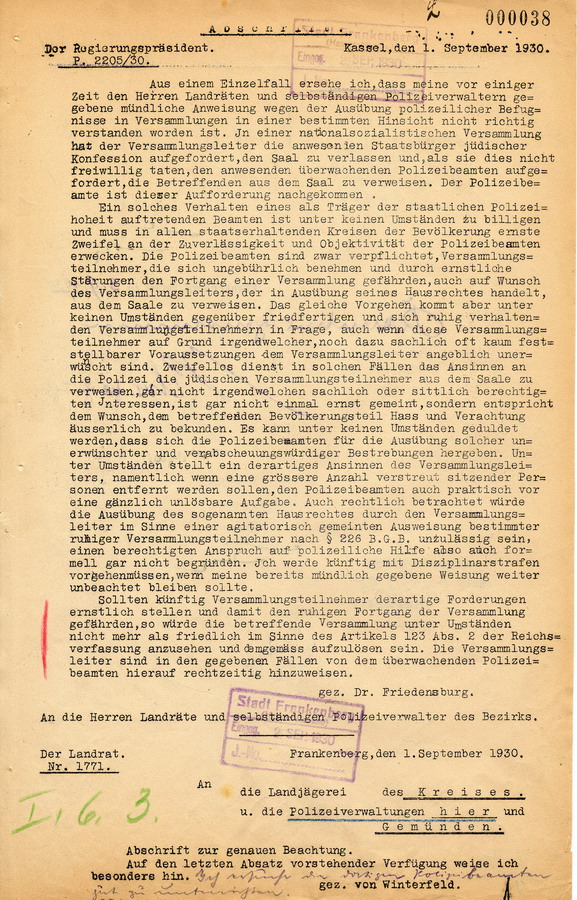 Abschrift eines Schreibens des Regierungspräsidenten in Kassel an die Landräte und Bürgermeister. Antisemitismus und Ausgrenzung in Politischen Veranstaltungen, 1. September 1930.