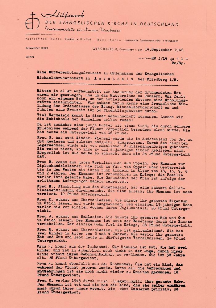 Schreiben: des Hilfswerkes der Evangelischen Kirche in Deutschland, Vertrauensstelle für Nassau: Einzelschicksale aus der Müttererholungsfreizeit in Assenheim bei Friedberg vom 14. Septemdber 1946