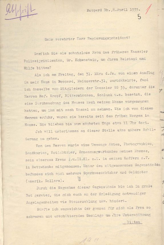 Olga Hohenstein an den Regierungspräsidenten in Kassel