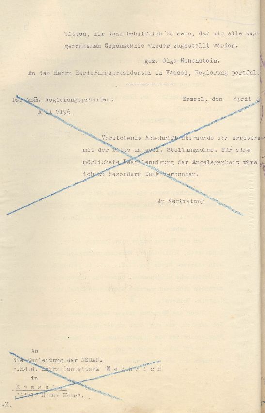 Olga Hohenstein an den Regierungspräsidenten in Kassel