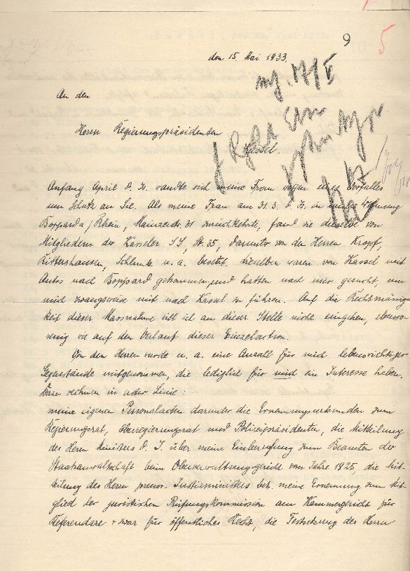 Polizeipräsident Dr. Hohenstein an den Regierungspräsidenten Kassel