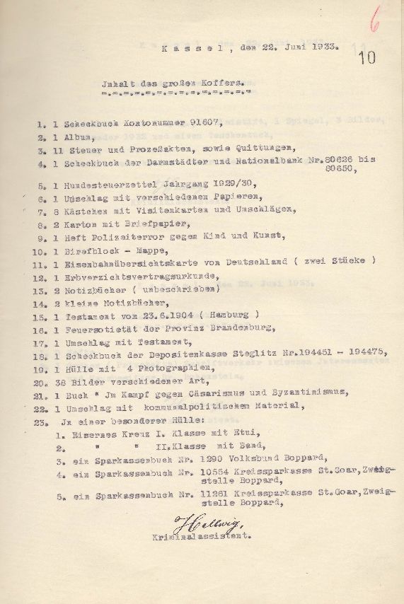 Verzeichnis der beschlagnahmten Gegenstände