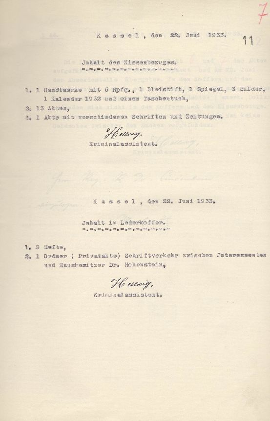 Verzeichnis der beschlagnahmten Gegenstände