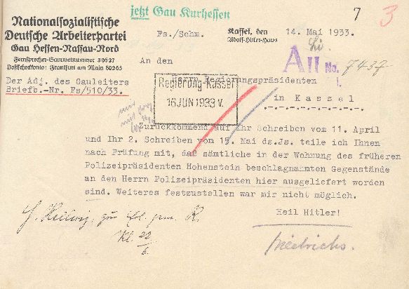 NSDAP, Gau Hessen-Nassau-Nord an den Regierungspräsidenten Kassel betr. Verbleib der beschlagnahmten Gegenstände aus der Wohnung Dr. Hohenstein