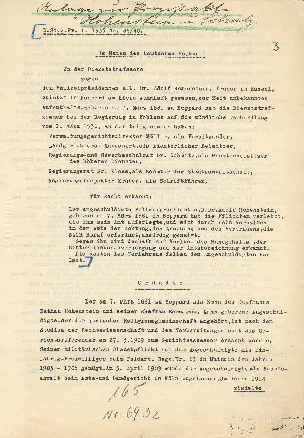 Dienststrafsache gegen Dr. Hohenstein: Aberkennung des Ruhegehaltes, der Hinterbliebenenversorgung und der Amtsbezeichnung (S. 1-66, Auszüge)