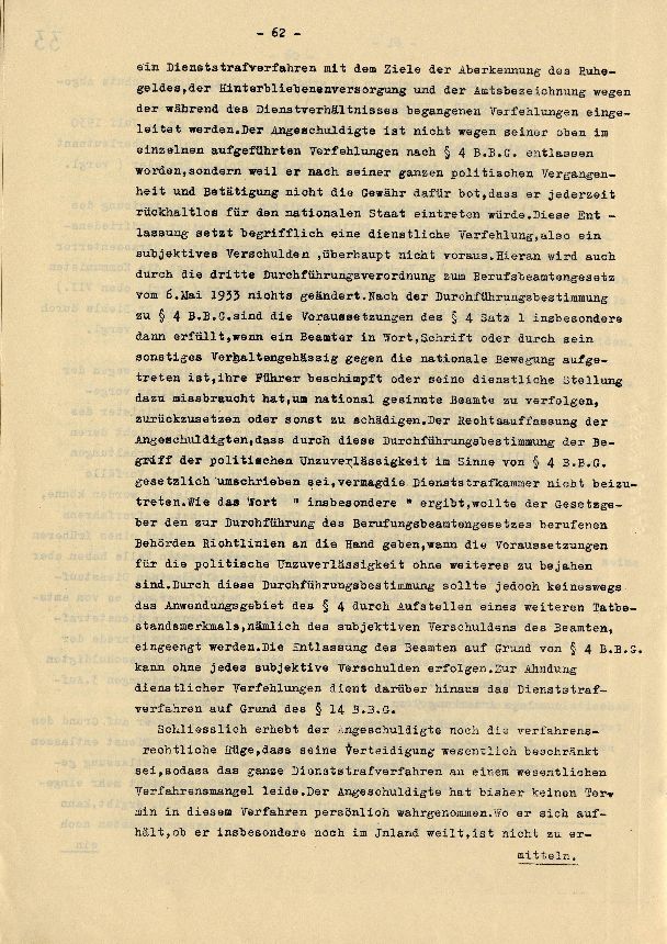 Dienststrafsache gegen Dr. Hohenstein: Aberkennung des Ruhegehaltes, der Hinterbliebenenversorgung und der Amtsbezeichnung (S. 1-66, Auszüge)
