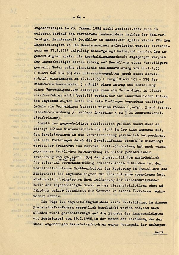 Dienststrafsache gegen Dr. Hohenstein: Aberkennung des Ruhegehaltes, der Hinterbliebenenversorgung und der Amtsbezeichnung (S. 1-66, Auszüge)