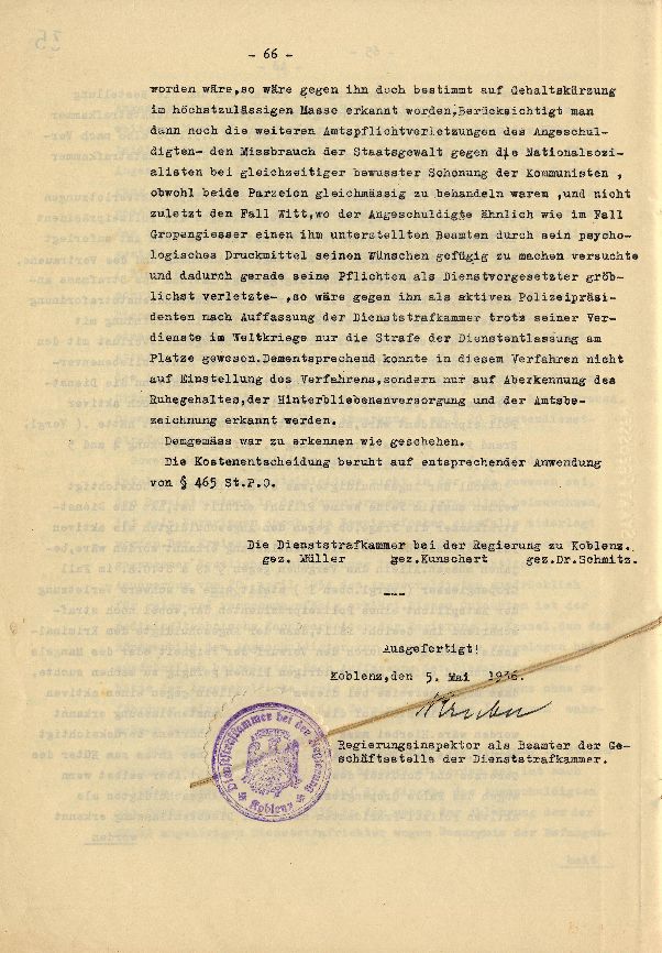 Dienststrafsache gegen Dr. Hohenstein: Aberkennung des Ruhegehaltes, der Hinterbliebenenversorgung und der Amtsbezeichnung (S. 1-66, Auszüge)
