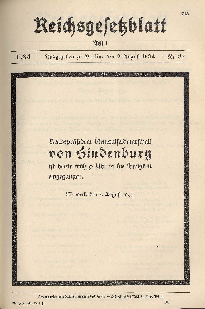 Todesanzeige von Hindenburg
