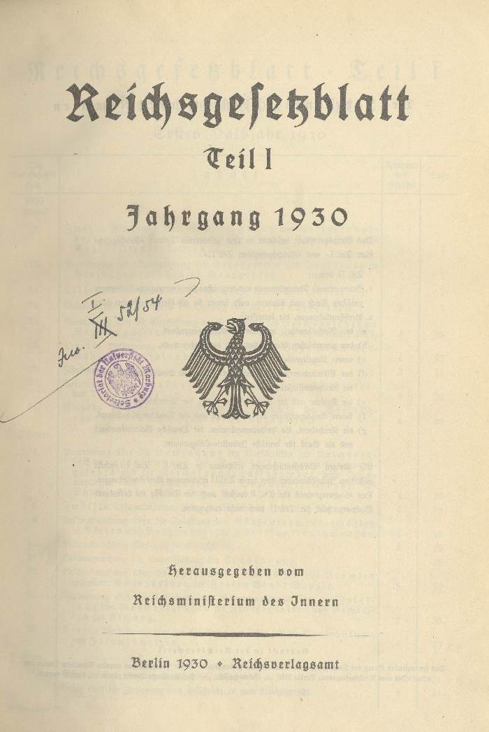 Reichsgesetzblatt, Teil 1, Jahrgang 1930
