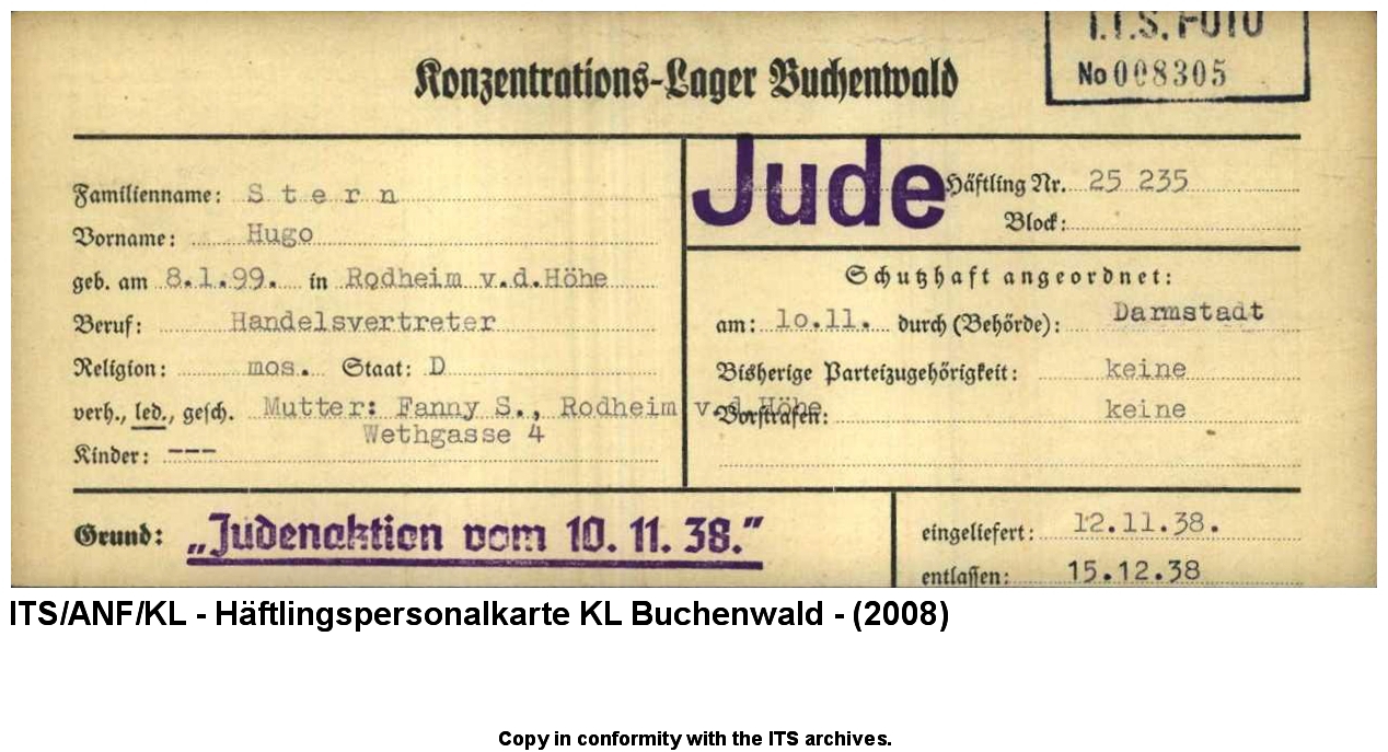 "Judenaktion vom 10.11.1938" Häftlingspersonalkarte von Hugo Stern, Rodheim v.d.Höhe, 12. November 1938