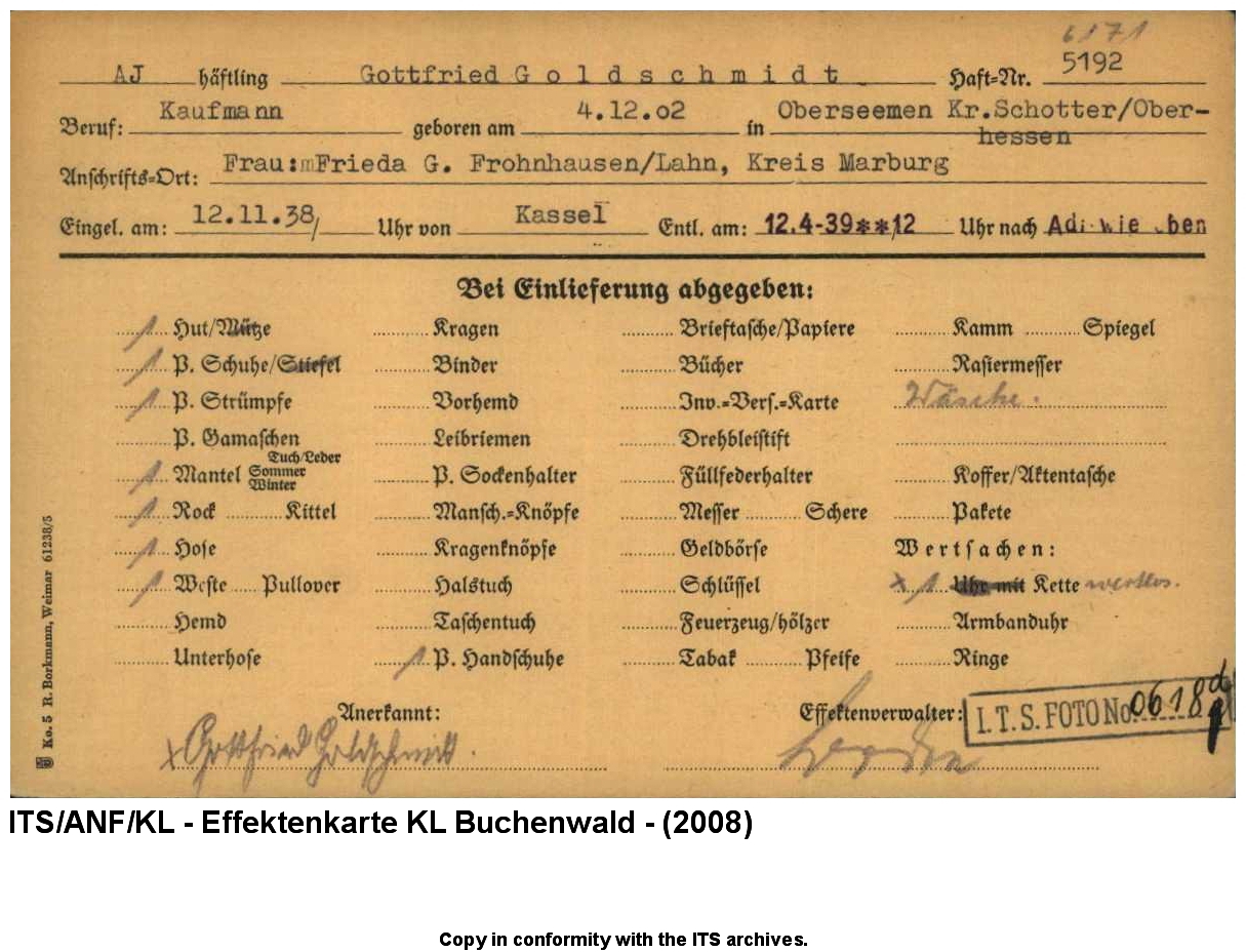 "Judenaktion vom 10.11.1938"  Effektenkarte KL Buchenwald von Gottfried Goldschmidt, Frohnhausen Krs. Marburg, 12. November 1938